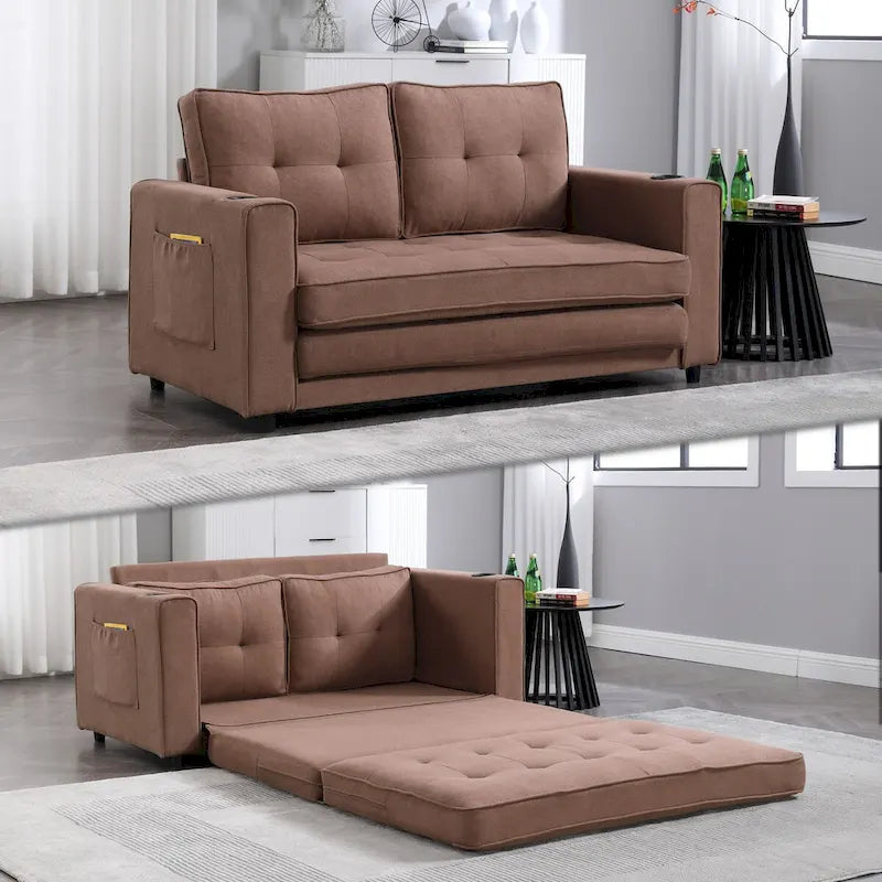 Canapé-lit rembourré de style japonais — Fonction couchage gigogne, Plusieurs options de couleurs disponibles, Canapé deux places capitonné pliable, Porte-gobelets intégrés