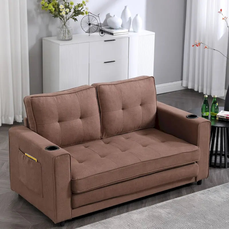 Canapé-lit rembourré de style japonais — Fonction couchage gigogne, Plusieurs options de couleurs disponibles, Canapé deux places capitonné pliable, Porte-gobelets intégrés