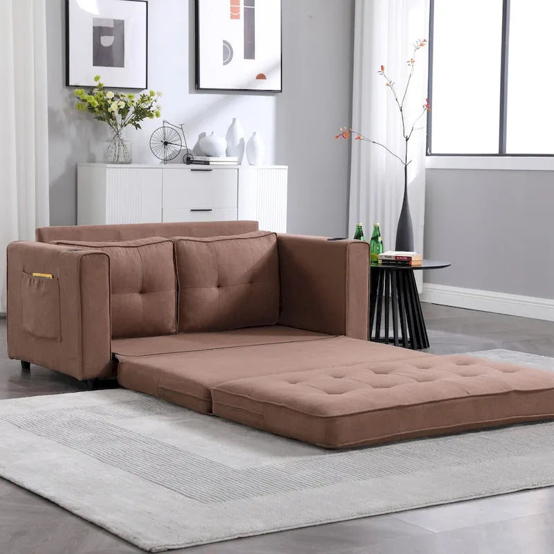 Canapé-lit rembourré de style japonais — Fonction couchage gigogne, Plusieurs options de couleurs disponibles, Canapé deux places capitonné pliable, Porte-gobelets intégrés