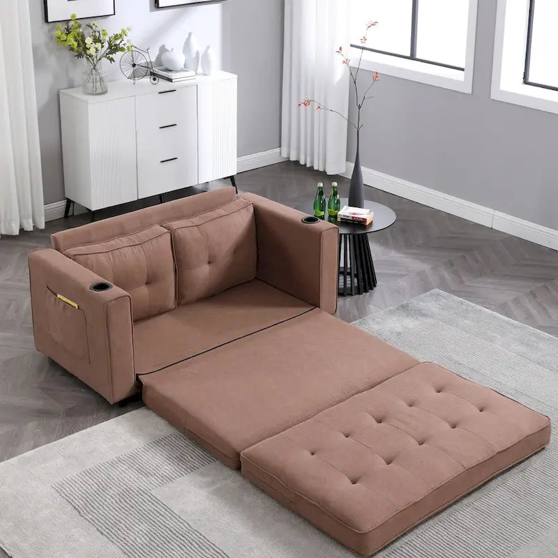 Canapé-lit rembourré de style japonais — Fonction couchage gigogne, Plusieurs options de couleurs disponibles, Canapé deux places capitonné pliable, Porte-gobelets intégrés